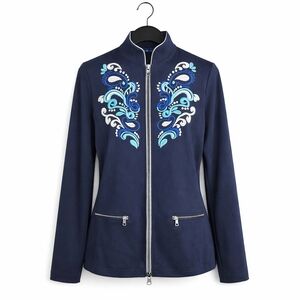 Boston Proper Sport Navy Blue Embroidered Double Zip Front Long Sleeve Jacket